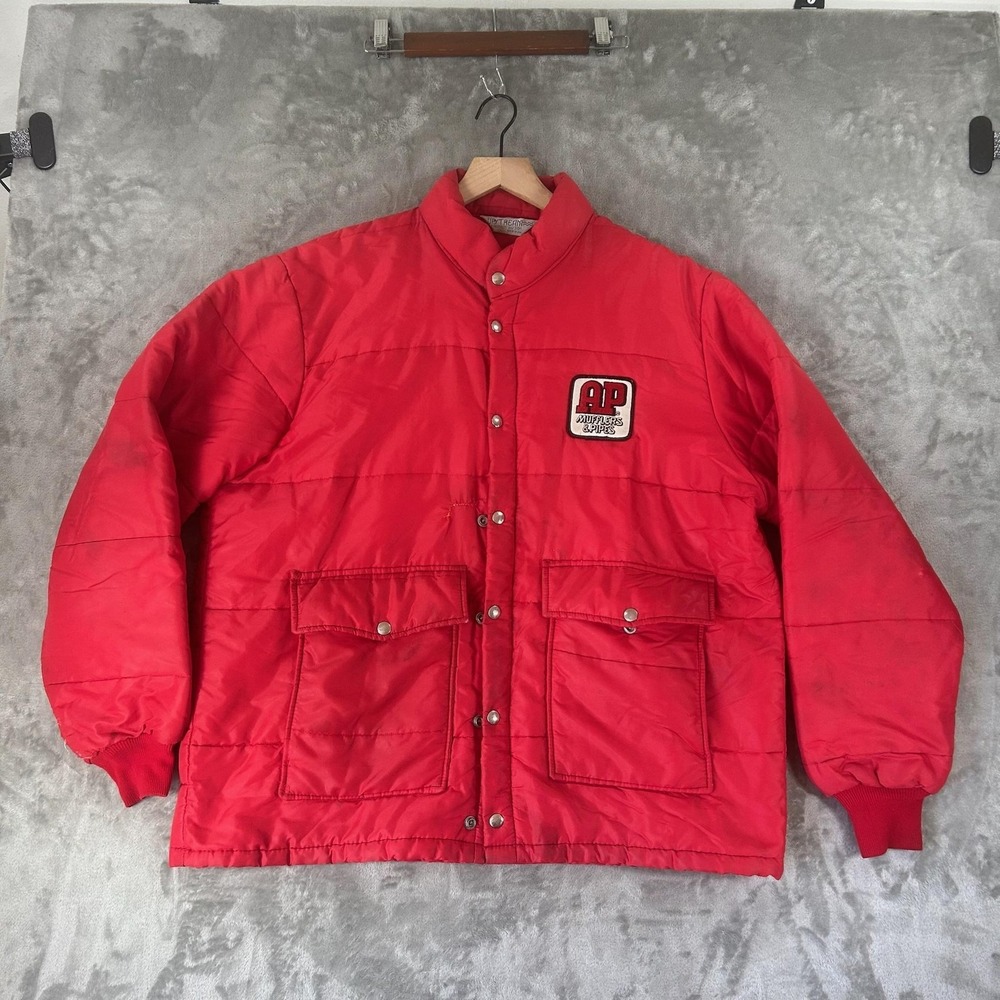 Vintage Upstream Jacket Mens XL Red Nylon Puffer AP Mufflers Pipes USA Workwear